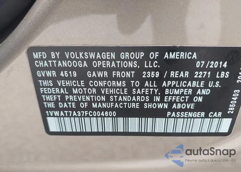 2015 Volkswagen Passat 1.8T Wolfsburg Edition из США, поврежденный, VIN 1VWAT7A37FC004600